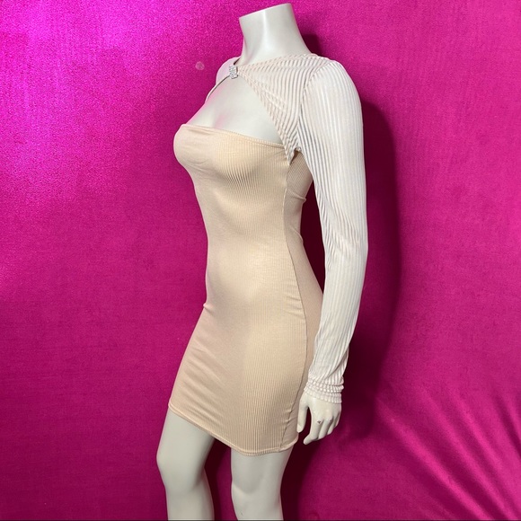 SOLD/Nude Mesh Sleeve Detail Dress with Diamond Brooch Ribbed Bodycon Dress - Picture 9 of 16